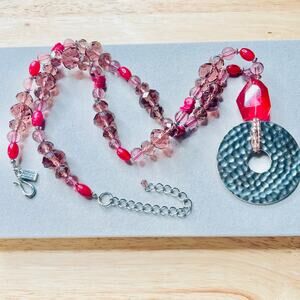 Pendleton Pink Tones Beaded Silver Tone Circle Hammered Pendant Necklace